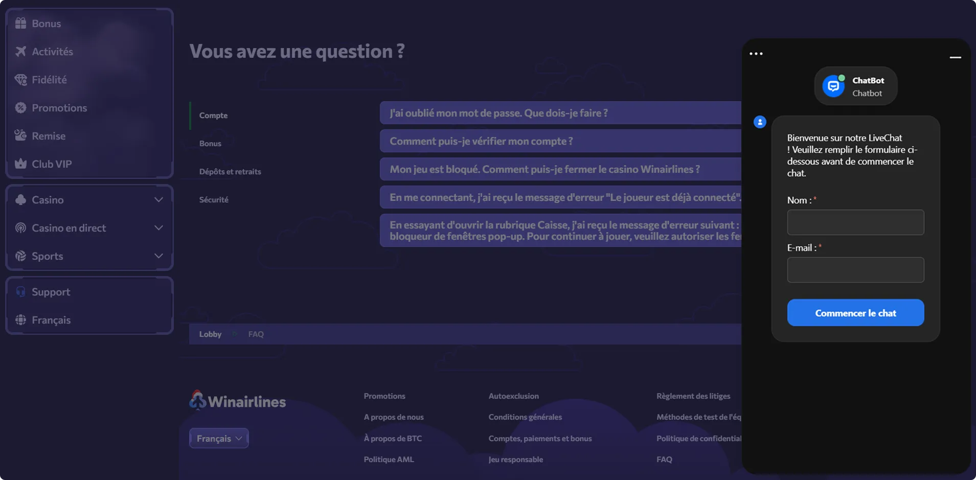 assistance par chat en direct Winairlines Casino