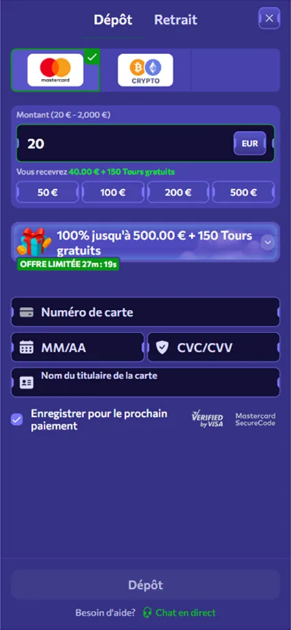 dépôt sur Winairlines Casino